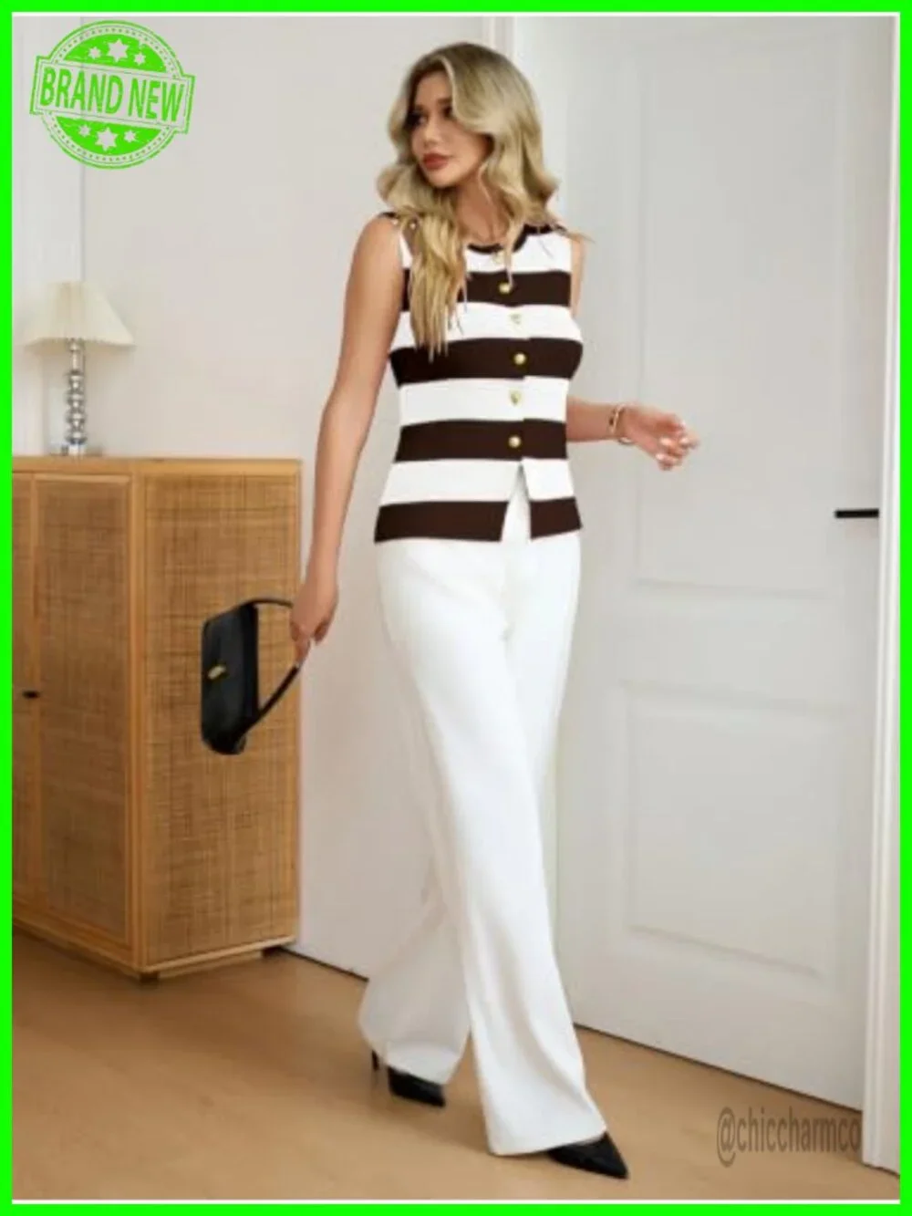Sleeveless Lightweight Knit Tank Top Vest Striped Button Down Casual Tops